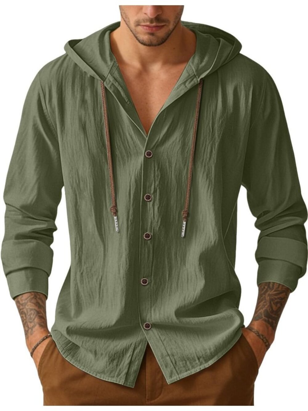 Men's Green Cotton Linen Long Sleeve Top Casual Lightweight Button Down Hoodie